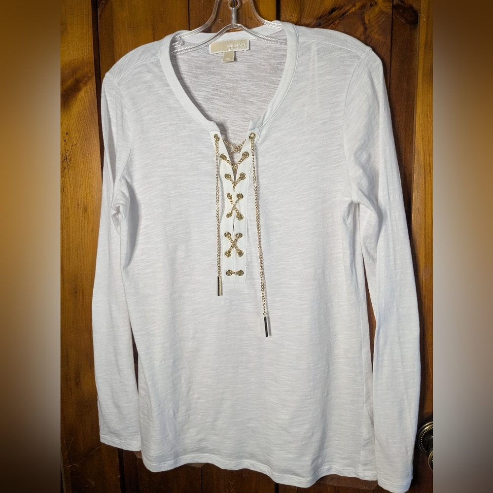 MICHAEL MICHAEL KORS* long Sleeve Round Neck Gold Chain/Grommet Detail T Shirt L